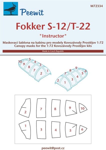 1/72 Fokker S-12/T-22 "Instructor" Canopy Masks for KP-Kovozavody